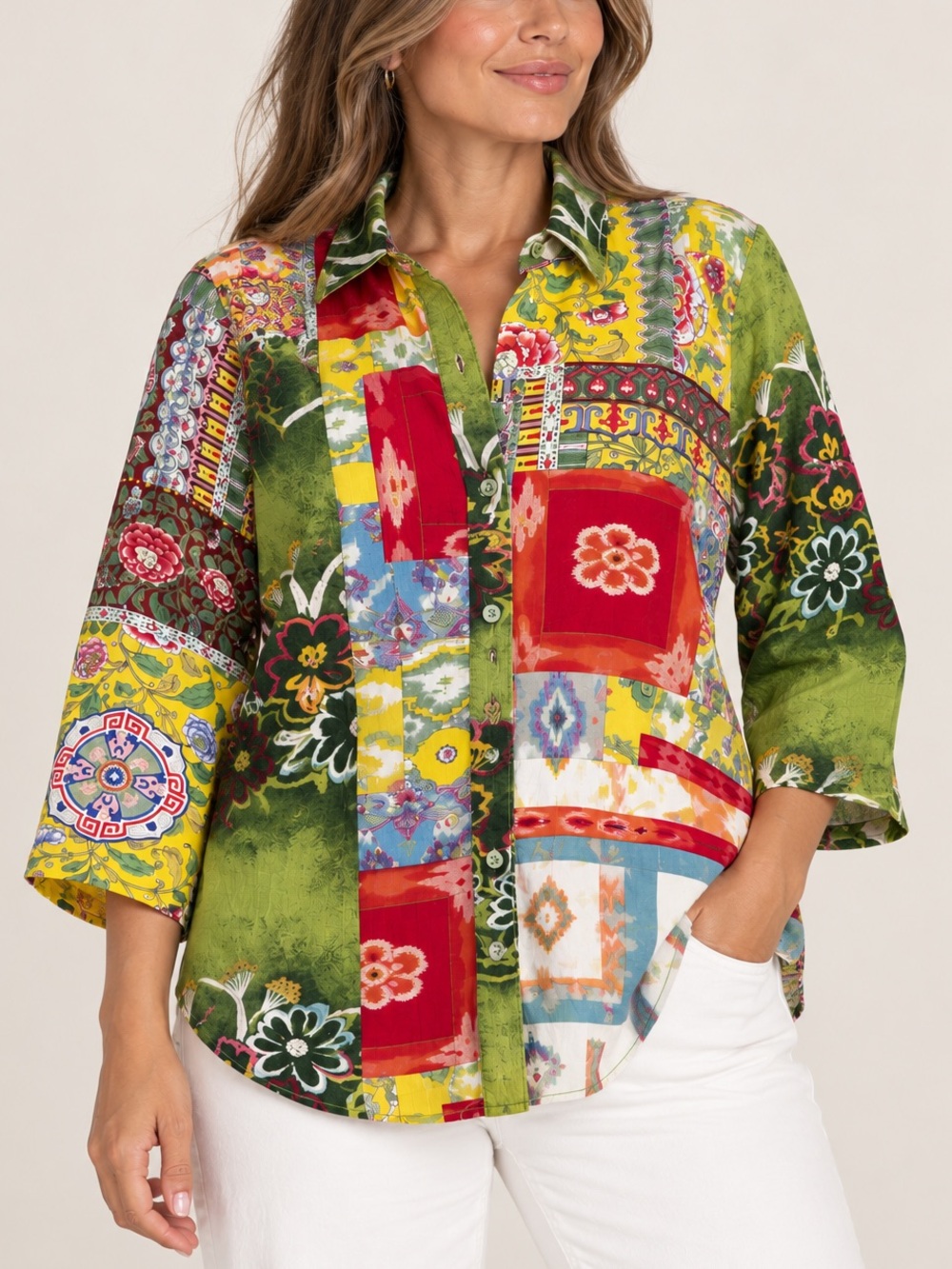 Vintage JAMS World Patchwork Rayon Hawaiian Shirt Size Small